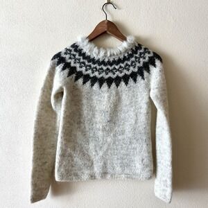 Icelandica 100% lambswool fair isle‎ fisherman sweater with fur trim